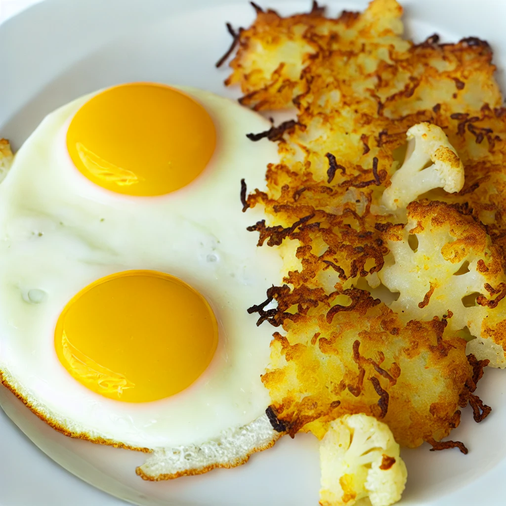 Low-carb brunch: cauliflower hash browns served alongside sunny-side-up eggs. 