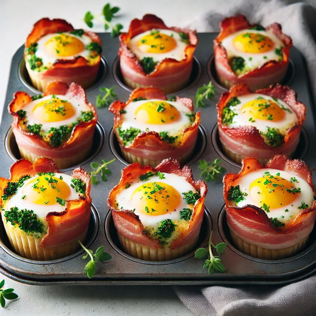 Low-carb brunch: a muffin tray with several bacon and egg cups, garnished with herbs.