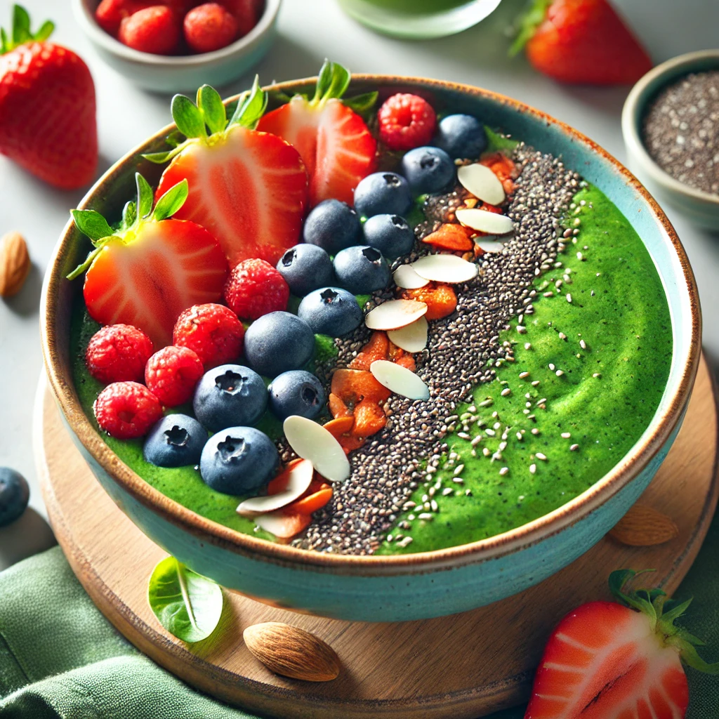 Low-carb brunch: a vibrant green smoothie bowl topped with fresh berries, chia seeds, and sliced almonds. 