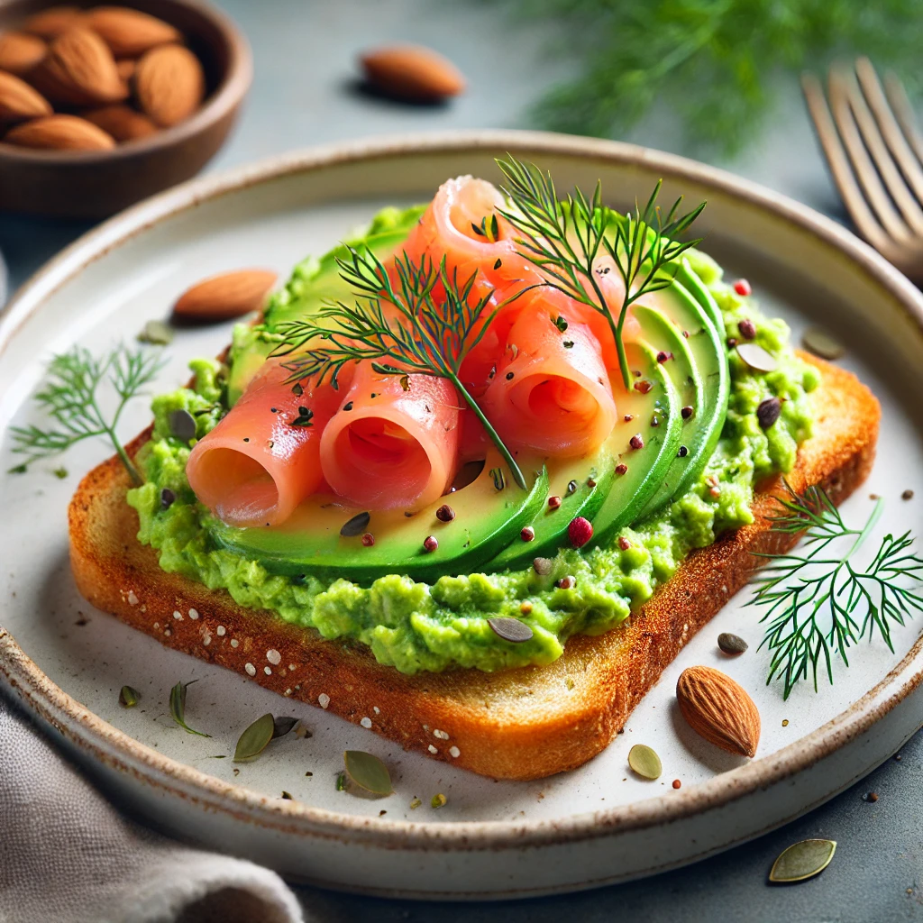 Low-carb brunch: almond flour toast topped with mashed avocado, slices of smoked salmon, and garnished with fresh dill.