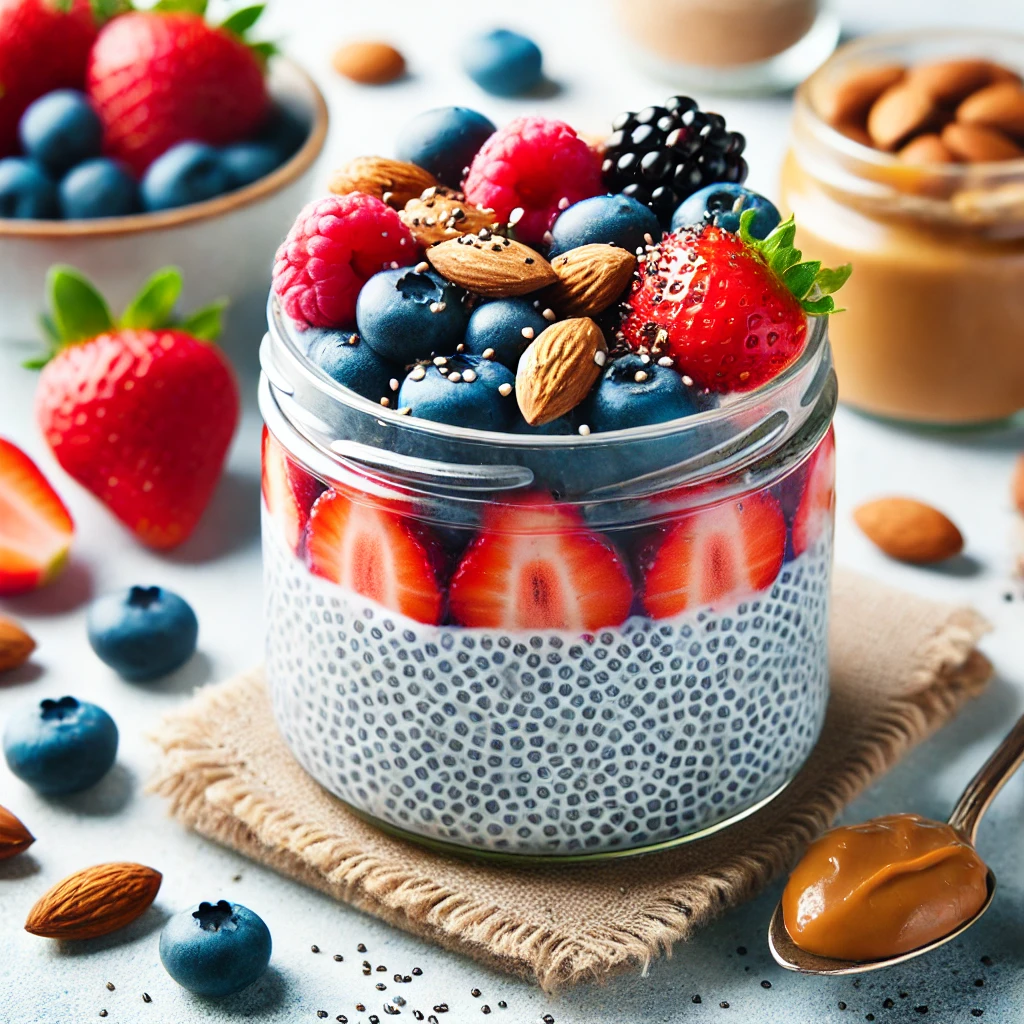 low-carb brunch: jar of chia seed pudding topped with fresh berries, nuts, and a drizzle of almond butter.