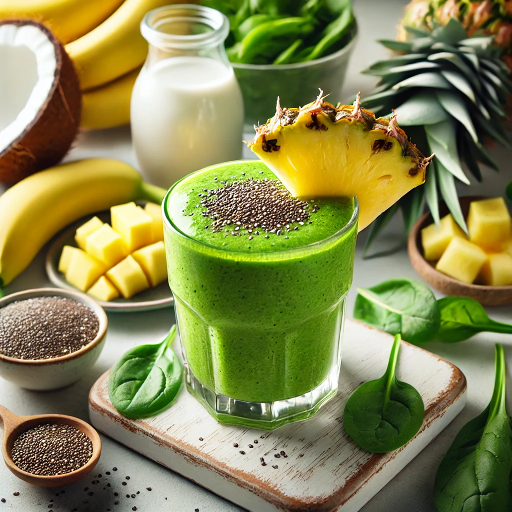 Smoothies for Diabetics: A green smoothie with a pineapple slice on top of it