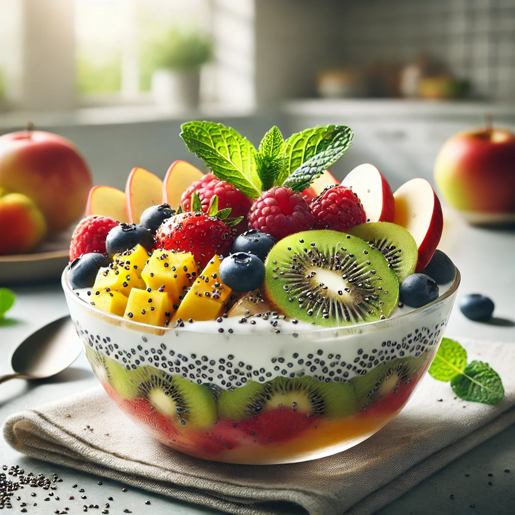 Fruit Dessert with Natural Yogurt and Chia Seeds s.