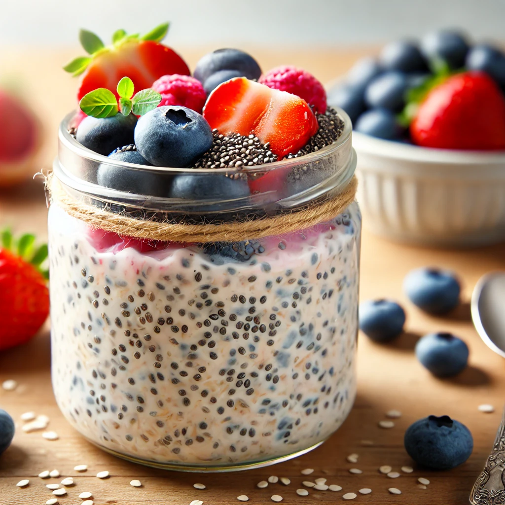 High-Fiber Meals : Overnight Oats with Chia Seeds and Berries