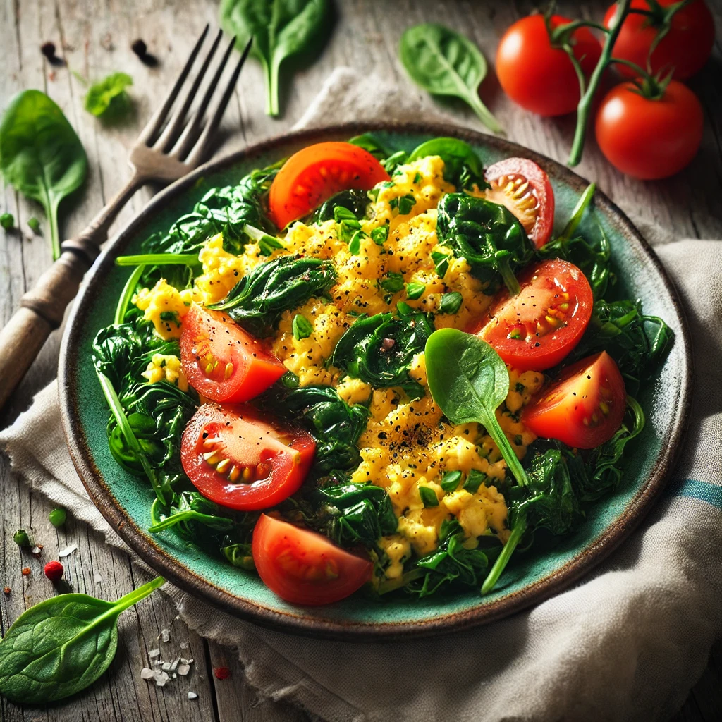 Healthy Breakfasts::  Scrambled Eggs with Spinach and Tomatoes