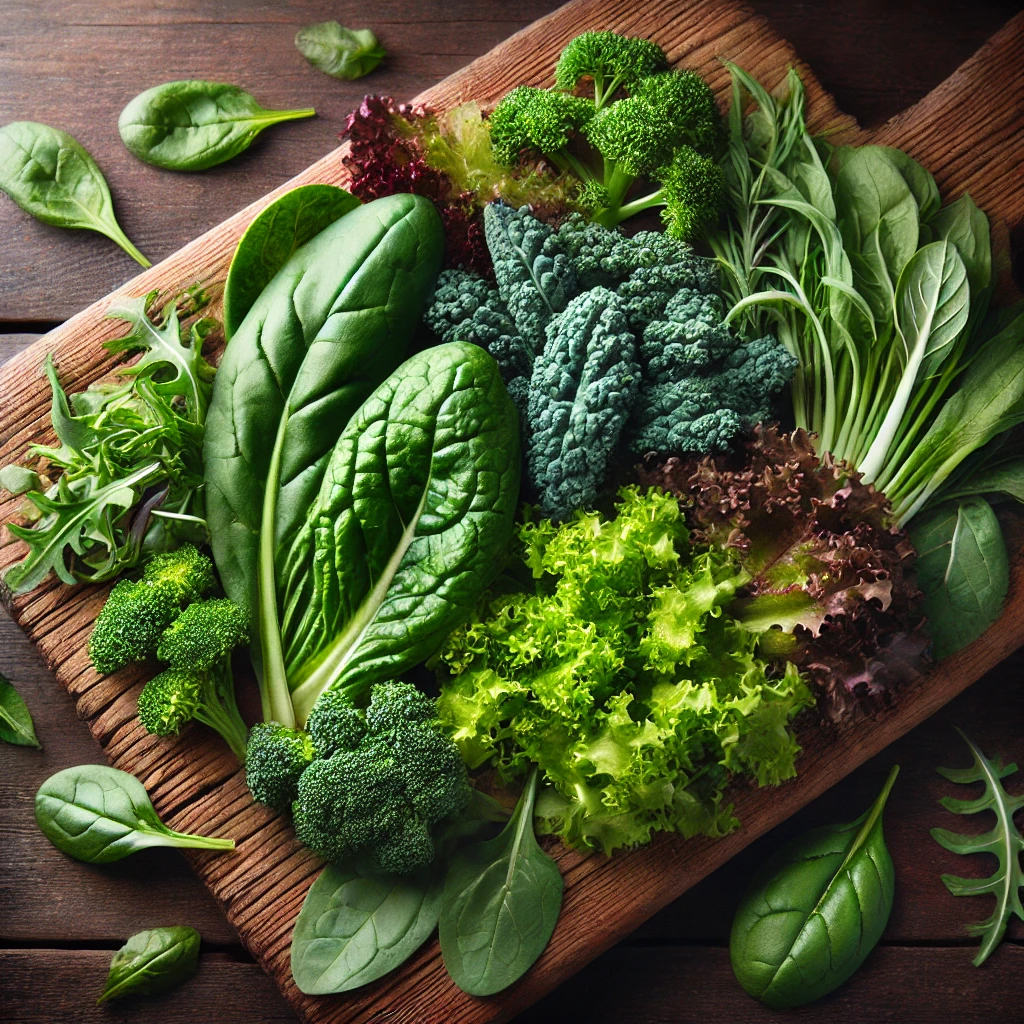 Variety of Leafy Greens on a Wooden Cutting Board, Showcasing Textures and Colors