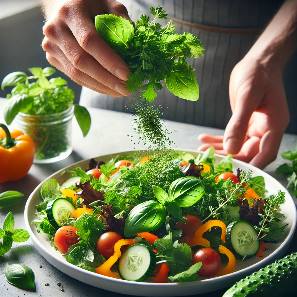  Green Leaf Salad Inspired by the Art.: Sprinkling Fresh Herbs Over a Vibrant Green Leaf Salad