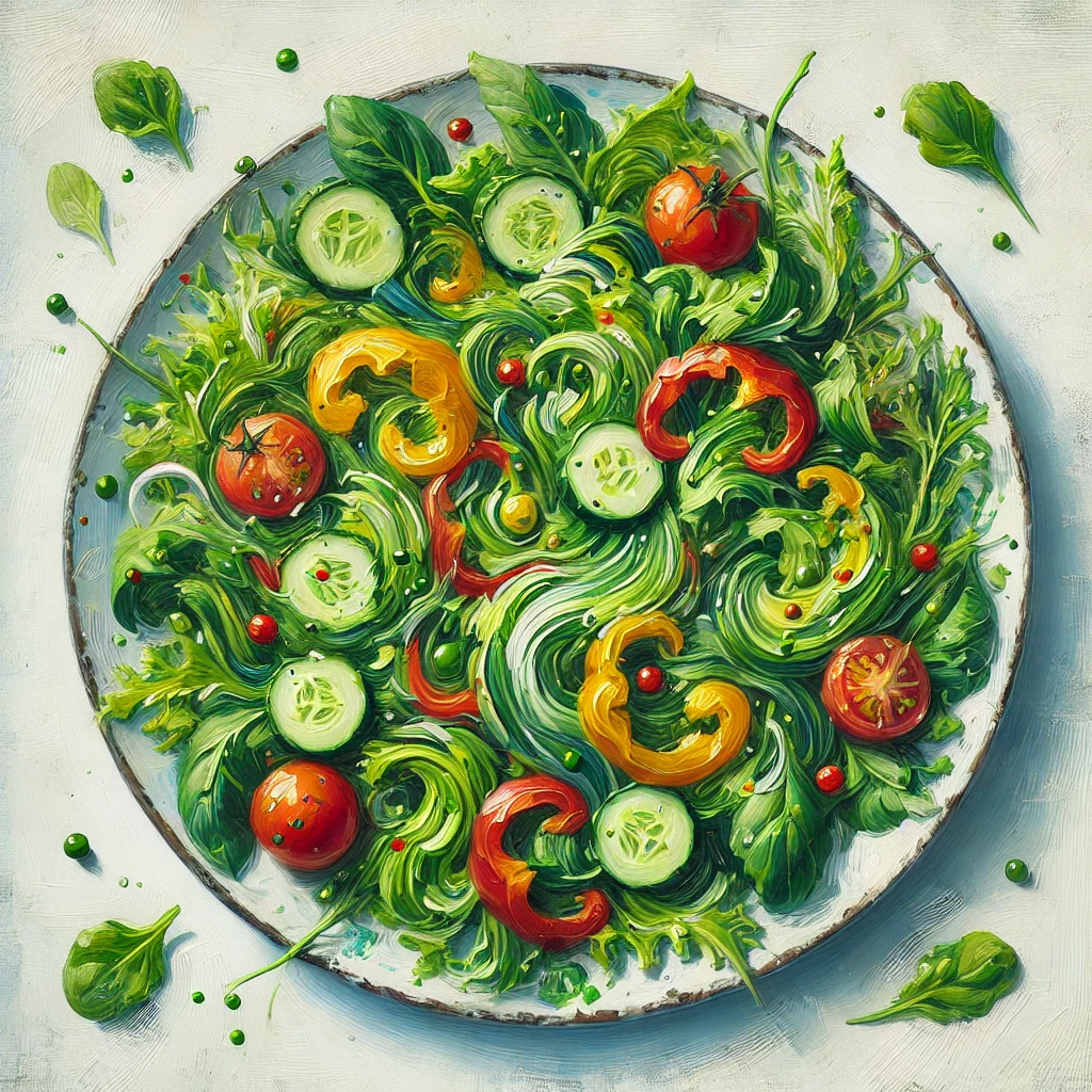 Crafting the Artful Green Leaf Salad: Impressionist-Style Salad with Flowing, Natural Arrangement of Greens and Vegetables