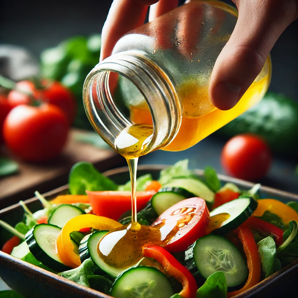 Drizzling Vinaigrette Over Freshly Prepared Green Leaf Salad