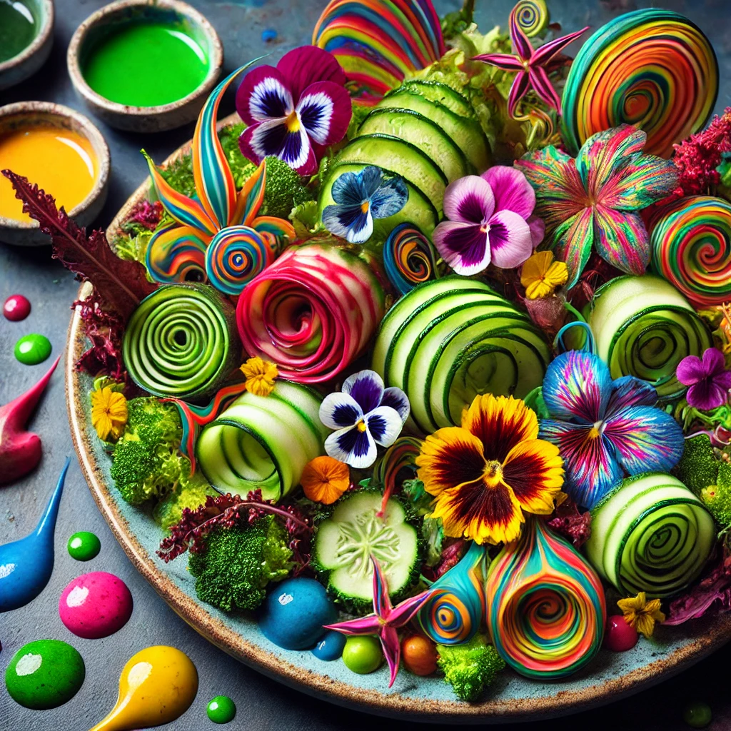 Green Leaf Salad Inspired by the Art.: Surrealist Salad with Edible Flowers and Cucumber Spirals