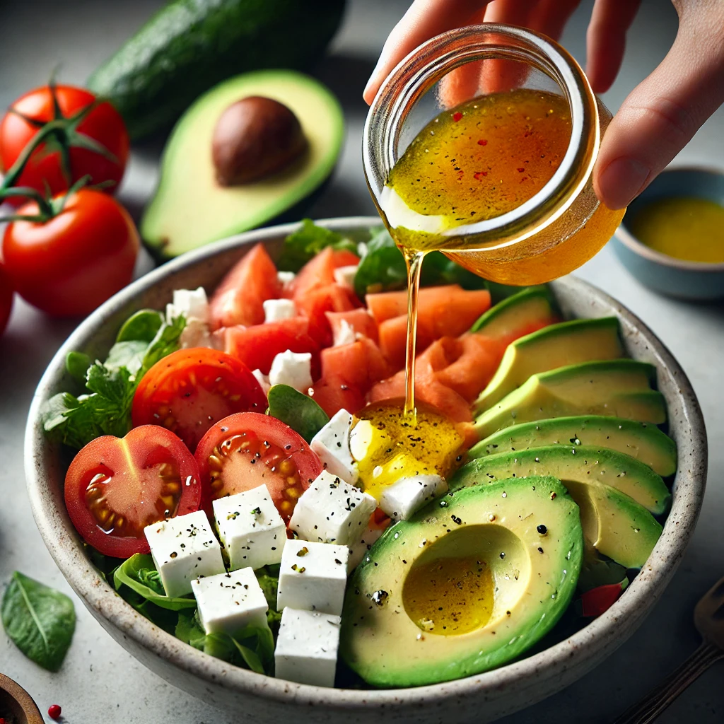 Green Leaf Salad Inspired by the Art: Mixing Tomatoes, Feta, and Avocado with Citrus Vinaigrette