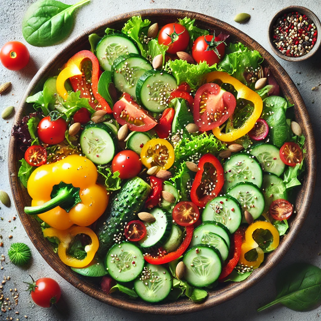 Green Leaf Salad Inspired by the Art: Overhead View of a Colorful Salad with Contrasting Vegetables and Garnishes