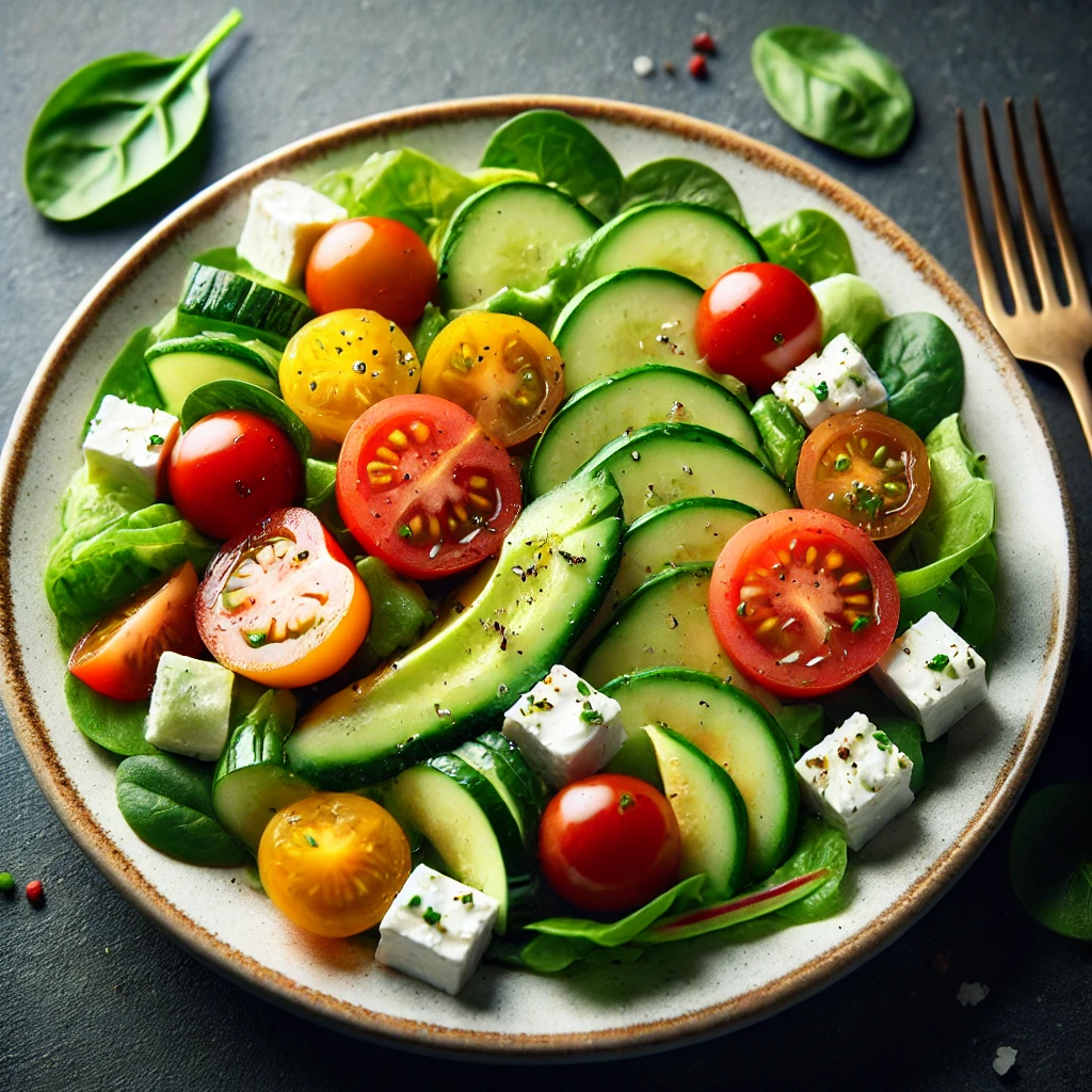 Green Leaf Salad Inspired by the Art: Close-Up of Salad with Balanced Flavor Pairings of Avocado, Feta, and Tomatoes