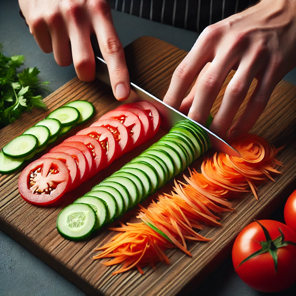  Green Leaf Salad Inspired by the Art: Close-Up of Thinly Sliced Vegetables on a Cutting Board