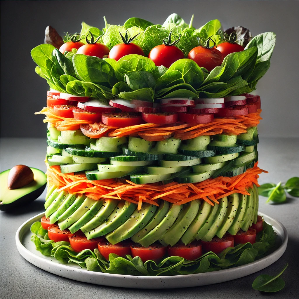 Green Leaf Salad Inspired by the Art.: Side Angle of Layered Salad with Vibrant Vegetables and Greens