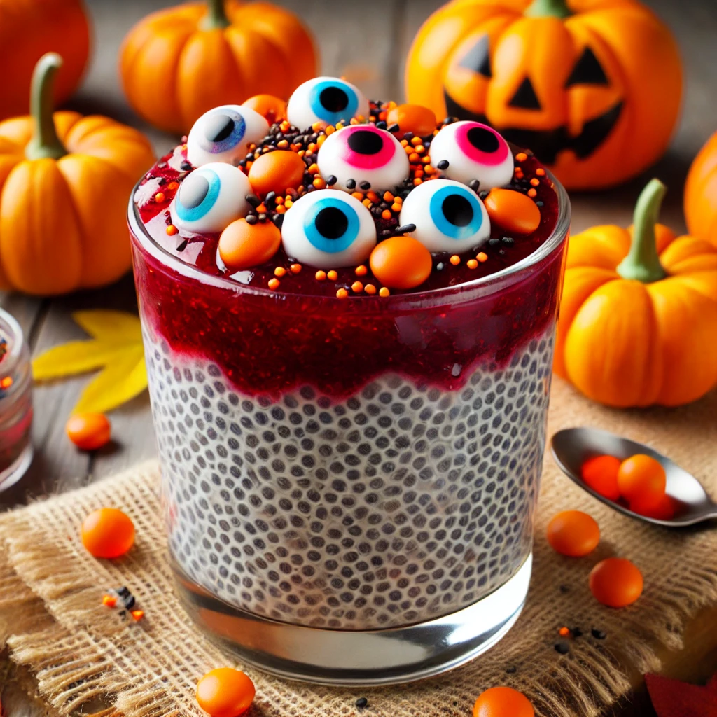 Halloween and Diabetic Health: Chia Pudding layered with sugar-free red berry jam