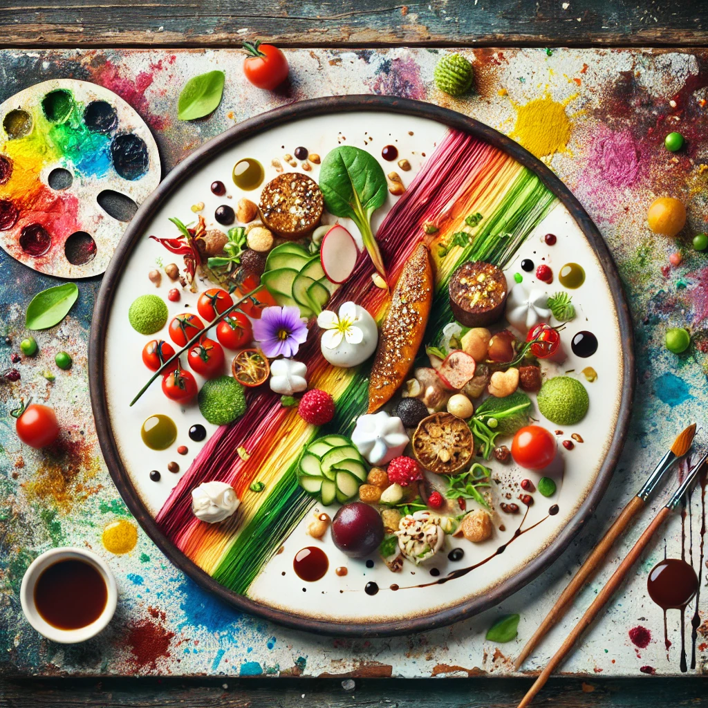 An artistic culinary dish presented on a plate, arranged with vibrant ingredients and resembling a painter’s palette, symbolizing the concept of recipes as art forms.