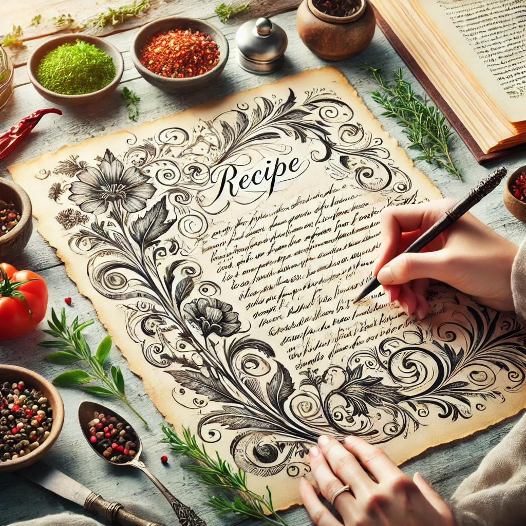 An elegant depiction of someone writing a recipe, surrounded by fresh ingredients and culinary tools, symbolizing the art of recipe writing