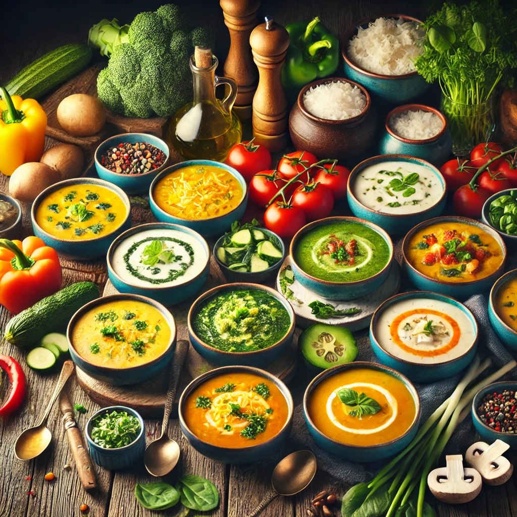 ➤A vibrant display of 10 low-carb and healthy soups for diabetics, featuring broccoli cheddar, tomato basil, cauliflower cream, and chicken vegetable soups in colorful bowls on a rustic wooden table. Surrounded by fresh ingredients like spinach, zucchini, mushrooms, and coconut milk, the image highlights nutritious, diabetic-friendly meals.