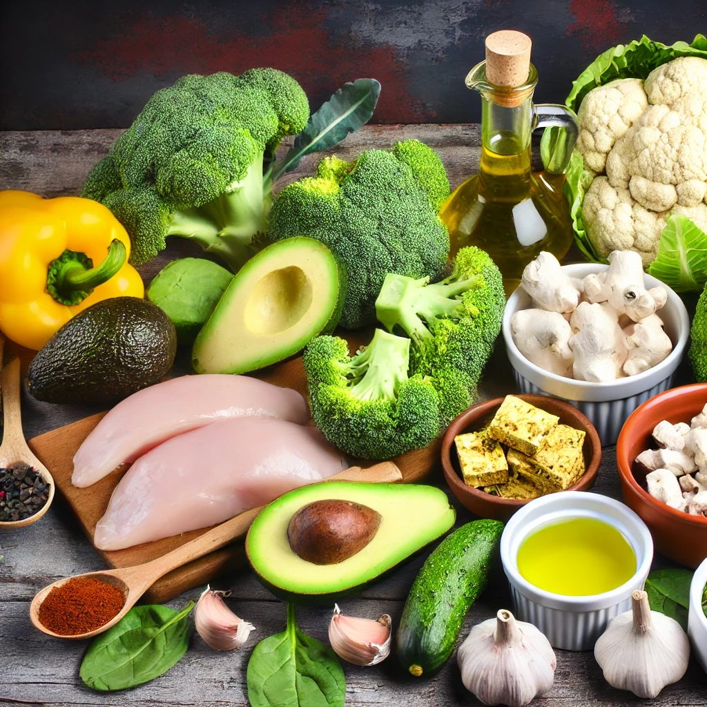 A vibrant display of essential ingredients for low-carb and healthy soups for diabetics, featuring fresh vegetables like broccoli, cauliflower, spinach, zucchini, and kale, healthy fats like avocados and olive oil, lean proteins such as chicken breasts and tofu, and a variety of spices like garlic, ginger, and turmeric. All ingredients are laid out on a rustic wooden table.