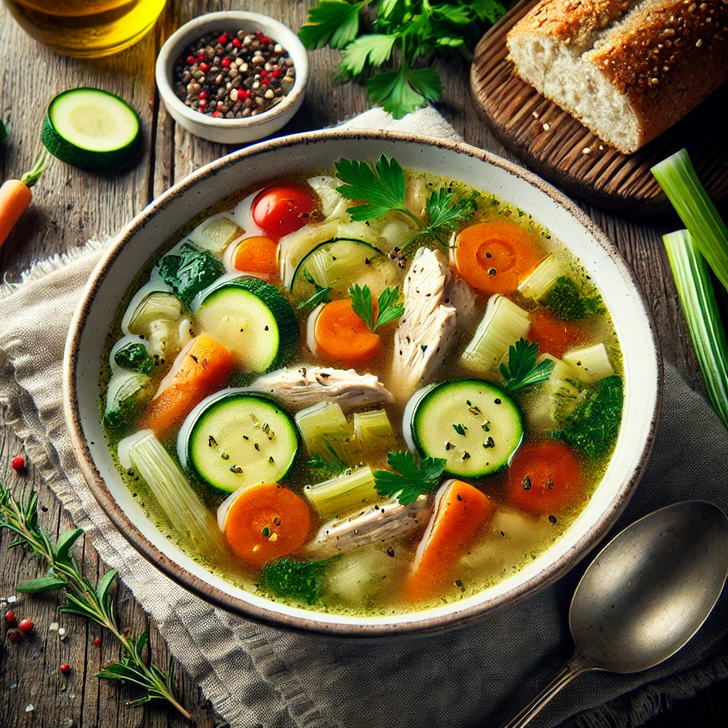 A wholesome bowl of chicken and vegetable soup, featuring tender pieces of chicken breast and colorful vegetables like zucchini, carrots, and celery in a clear broth. The bowl is placed on a rustic wooden table with a spoon and napkin nearby, surrounded by fresh herbs and a loaf of whole-grain bread.