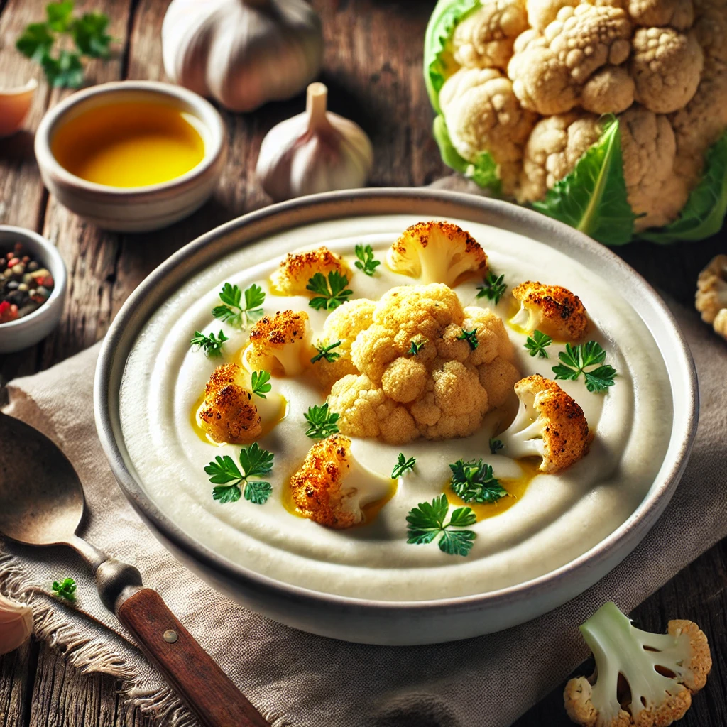 A creamy bowl of cauliflower soup with a smooth, velvety texture, topped with roasted cauliflower florets, a sprinkle of fresh parsley, and a drizzle of olive oil. The bowl is set on a rustic wooden table with garlic cloves and a head of cauliflower nearby.