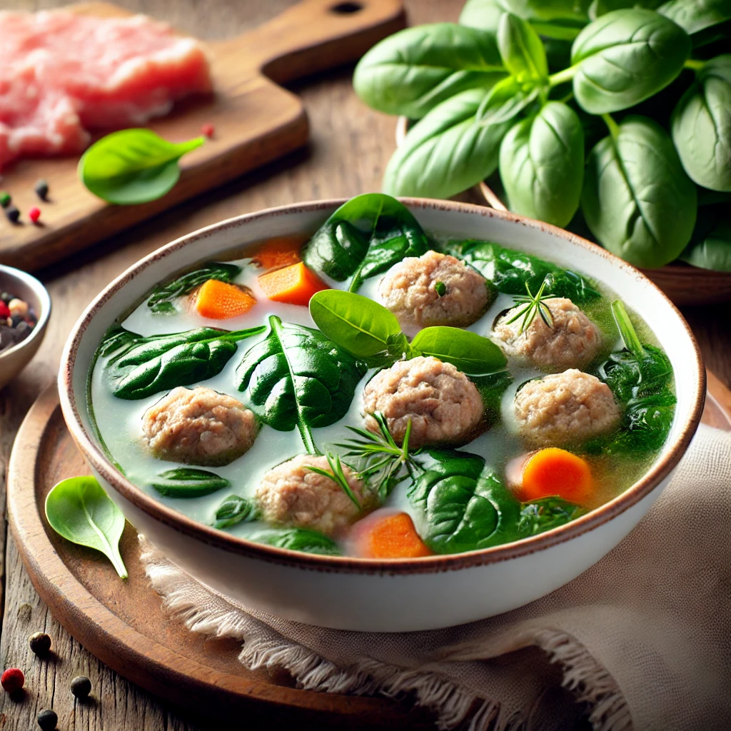 A hearty bowl of spinach and turkey meatball soup, featuring tender turkey meatballs in a clear broth with vibrant spinach leaves, carrots, and fresh herbs. The steaming hot soup is served in a white bowl on a rustic wooden table, with fresh spinach and raw turkey nearby.