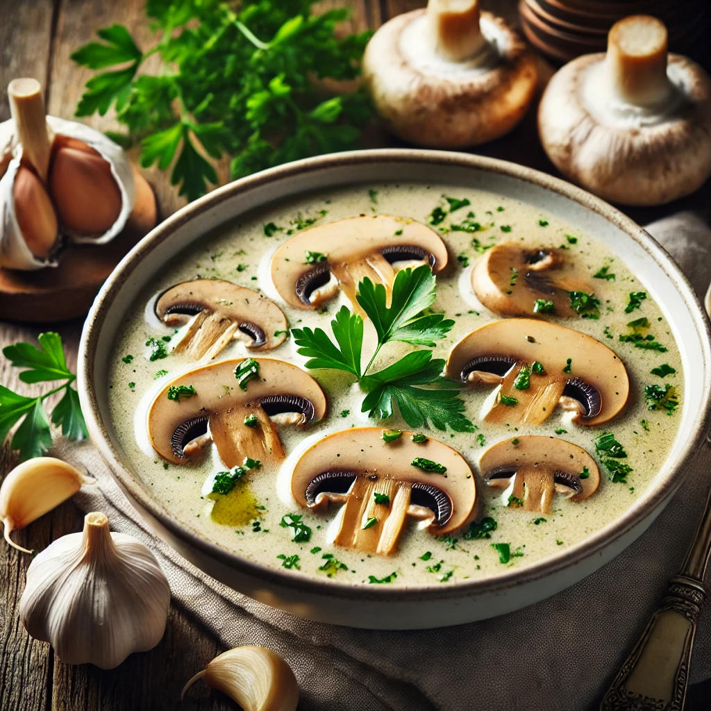 A savory bowl of mushroom and garlic soup, with tender, sliced mushrooms in a creamy, garlic-infused broth. Garnished with fresh parsley and a drizzle of olive oil, the bowl sits on a rustic wooden table surrounded by garlic cloves, whole mushrooms, and a bunch of parsley.