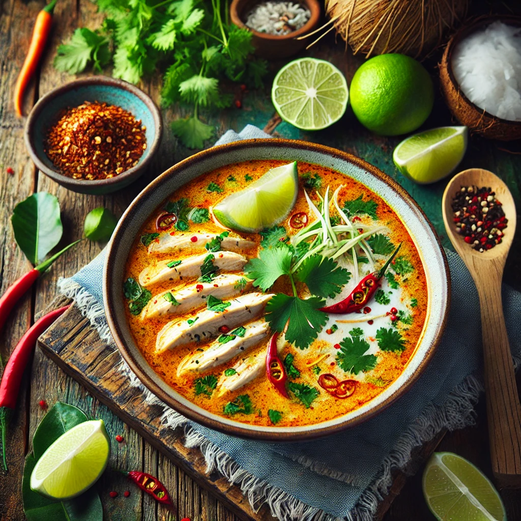 A vibrant bowl of Thai coconut chicken soup featuring tender slices of chicken, coconut milk, fresh lime, cilantro, and lemongrass in a rich, aromatic broth. The soup is garnished with red chili flakes and cilantro, served in a white bowl on a rustic wooden table with lime, chili, and coconut milk nearby.