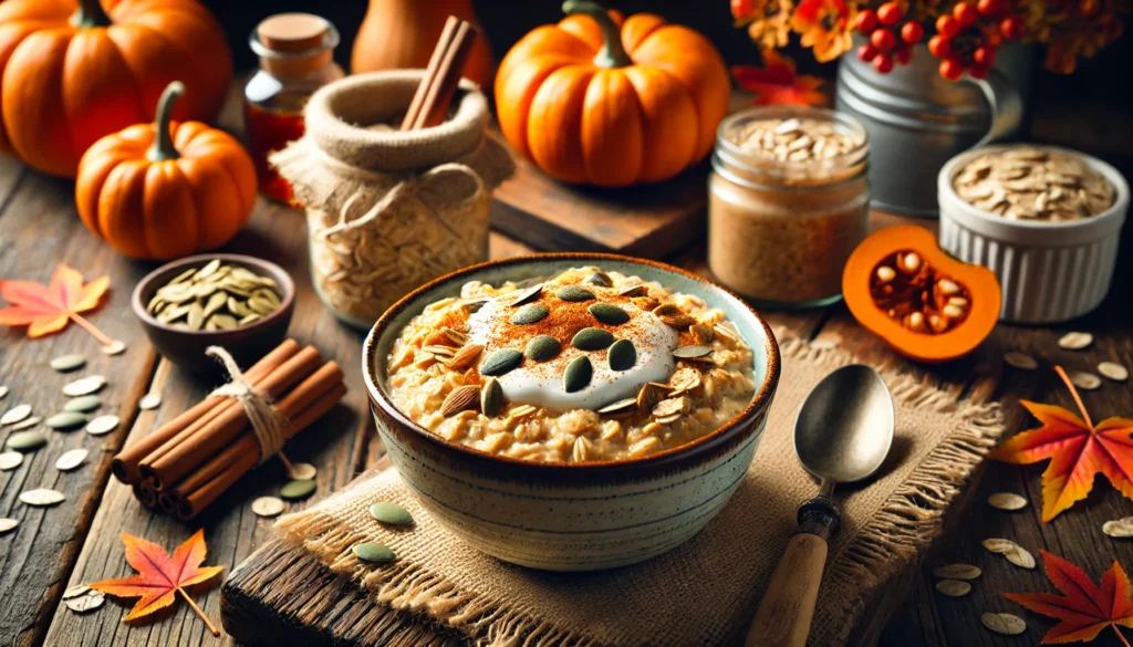 A beautifully styled bowl of Pumpkin Spice Overnight Oats topped with cinnamon, pumpkin seeds, and a drizzle of maple syrup, surrounded by autumn decorations.