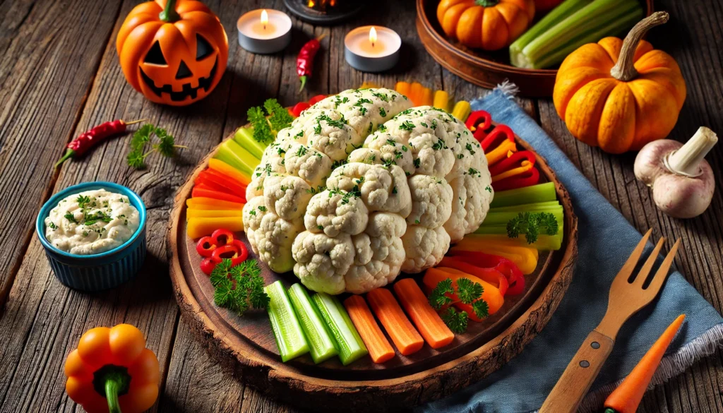 A creatively styled serving of Cauliflower "Brain" Dip shaped like a brain, garnished with herbs and surrounded by colorful vegetables for dipping.