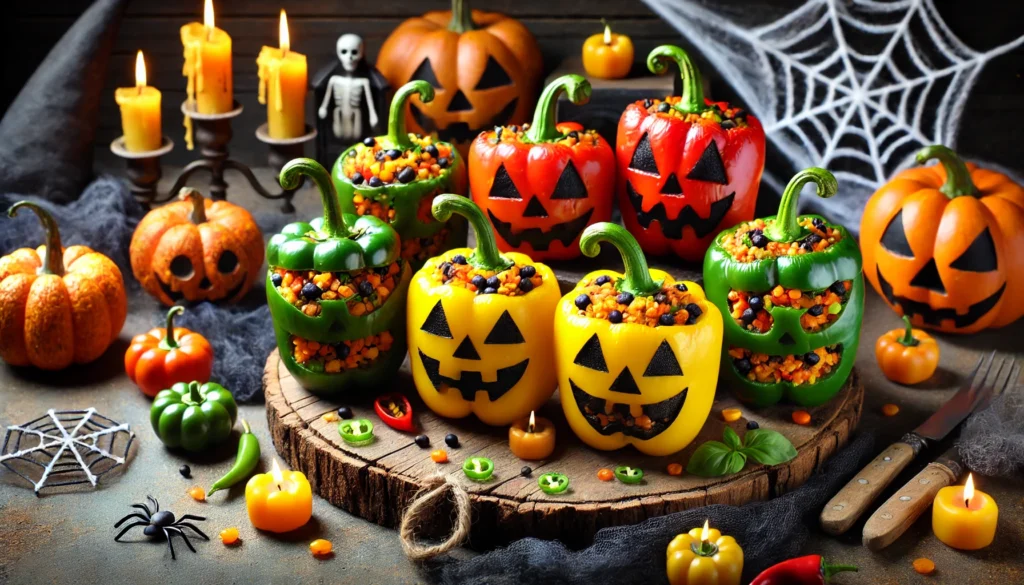 Brightly colored stuffed peppers shaped like jack-o'-lanterns, filled with rice and vegetables, displayed on a rustic platter surrounded by Halloween decorations.