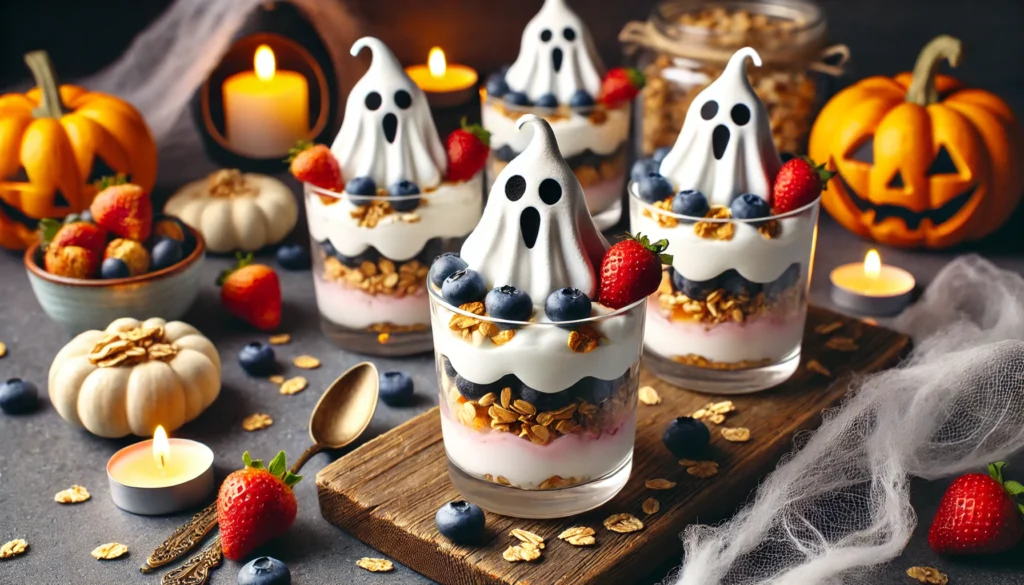 Layers of creamy Greek yogurt and granola in clear cups topped with ghost-shaped meringue cookies, surrounded by Halloween decorations.