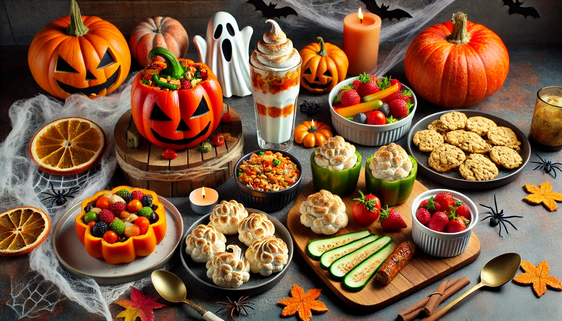 A beautifully arranged table featuring a variety of healthy and delicious Halloween recipes that diabetics will love, including spooky stuffed peppers shaped like jack-o'-lanterns, ghostly Greek yogurt parfaits with meringue cookies, pumpkin spice overnight oats, and cauliflower "brain" dip served with colorful vegetable sticks, all set in a festive Halloween atmosphere.