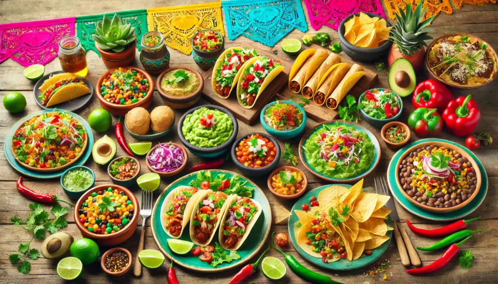 A vibrant spread of traditional Mexican cuisine, showcasing tacos, enchiladas, guacamole with tortilla chips, tamales, and a colorful salad, highlighting the rich flavors and culture of Mexican food.