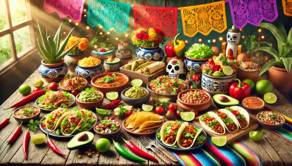 A vibrant spread of traditional Mexican dishes on a rustic table, including tacos, guacamole, enchiladas, tamales, beans, and salsas, garnished with limes, chili peppers, avocado, and fresh cilantro, with colorful papel picado banners in the background.