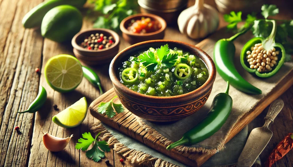 ➤A bowl of classic Mexican salsa verde made with tomatillos, jalapeños, cilantro, and lime on a rustic wooden table, surrounded by fresh ingredients like whole jalapeños, lime wedges, and garlic cloves.