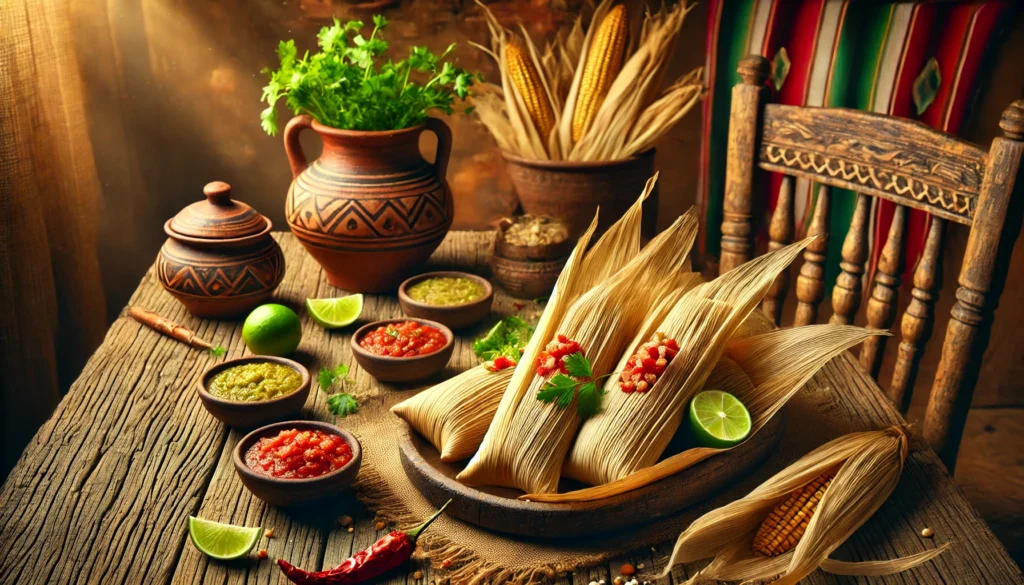 Traditional Mexican tamales wrapped in corn husks on a rustic wooden table with sides of red and green salsas, fresh cilantro, and lime wedges.