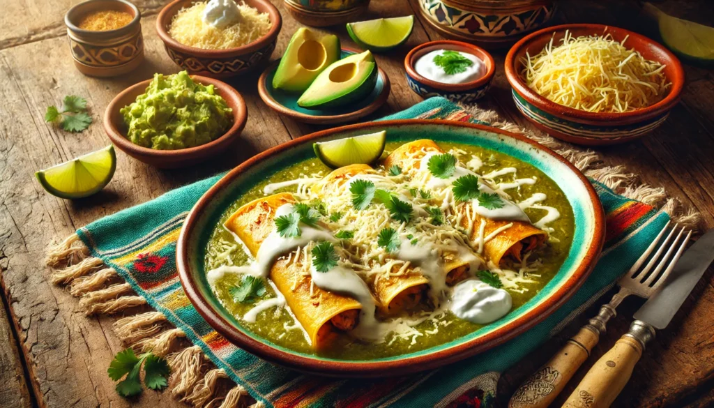 A plate of Enchiladas Suizas topped with melted cheese and creamy green tomatillo sauce, garnished with fresh cilantro, served on a rustic table with sides of avocado, sour cream, and lime wedges.