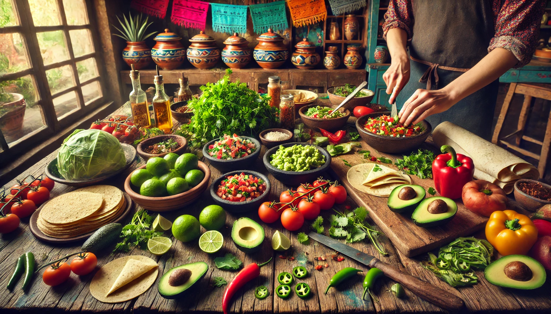 Lively kitchen scene with a rustic wooden table filled with ingredients for authentic Mexican dishes, including fresh cilantro, limes, jalapeños, avocados, tomatoes, and corn tortillas.