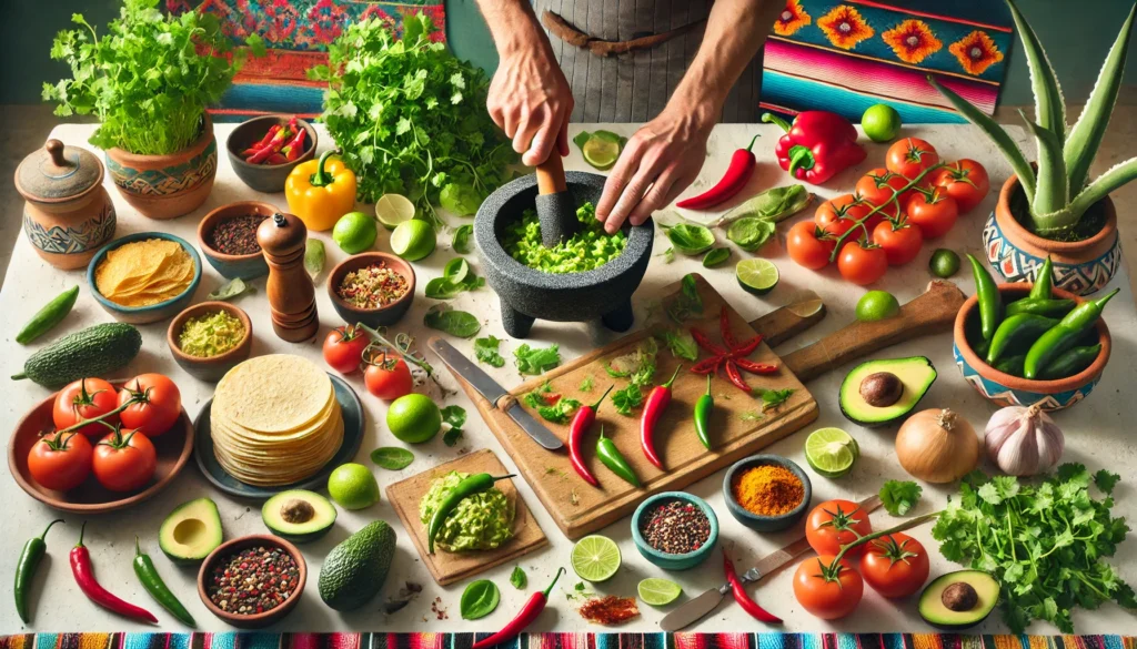 ➤A bright kitchen scene showcasing ingredients and tools for authentic Mexican cuisine, with fresh cilantro, limes, tomatoes, jalapeños, avocados, corn tortillas, and a molcajete filled with salsa ingredients.