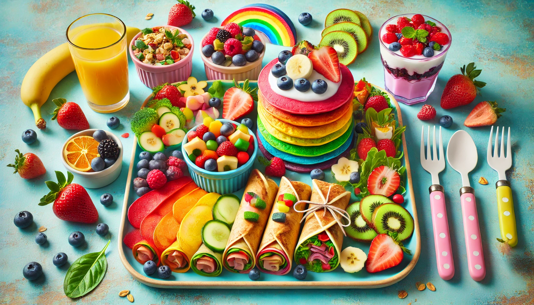 A vibrant and colorful rectangular plate featuring healthy food for kids, including fruit pancakes topped with strawberries, bananas, and blueberries, veggie omelette muffins, rainbow wraps filled with colorful veggies and turkey, and yogurt parfaits with granola and mixed berries.