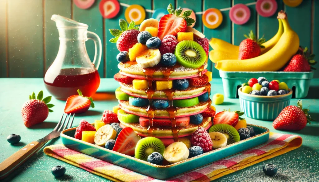 A vibrant rectangular plate stacked high with colorful fruit pancakes, topped with sliced strawberries, blueberries, banana slices, and kiwi, drizzled with maple syrup and sprinkled with powdered sugar.