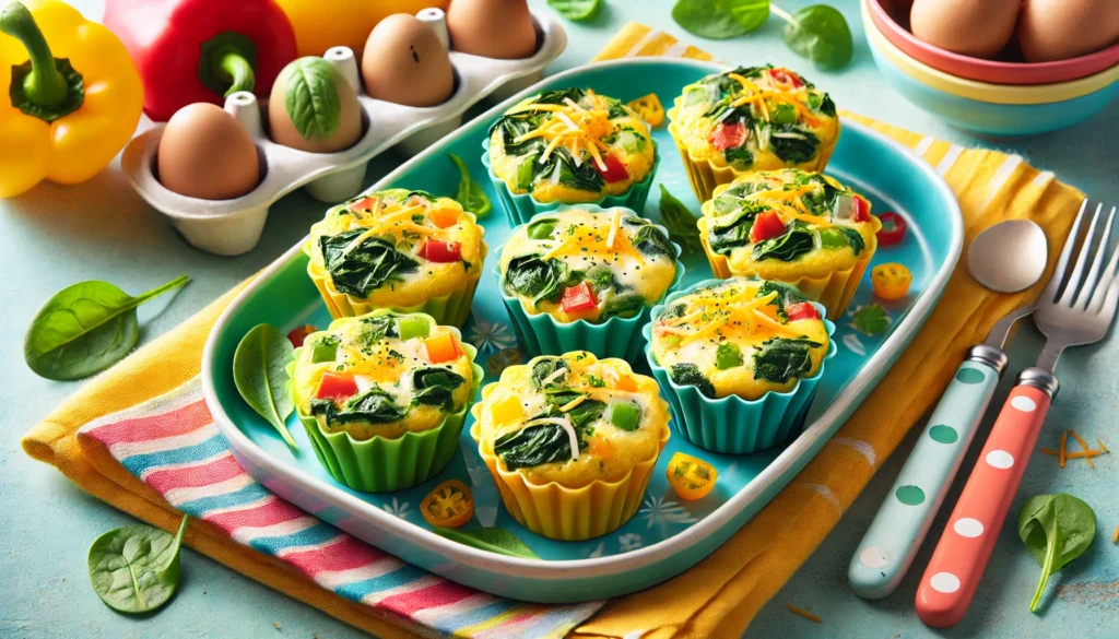 A vibrant rectangular plate filled with veggie omelette muffins, showcasing golden-brown individual muffins filled with fluffy eggs, chopped spinach, diced bell peppers, and shredded cheese, garnished with fresh herbs.