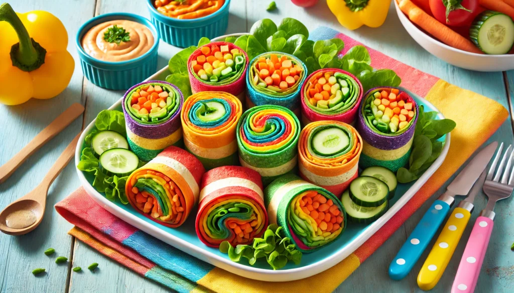 A vibrant rectangular plate filled with rainbow wraps for kids, showcasing colorful whole grain tortillas wrapped around a variety of fresh veggies, including bright bell peppers, carrots, cucumbers, and leafy greens, cut into pinwheels with a side of dipping sauce.