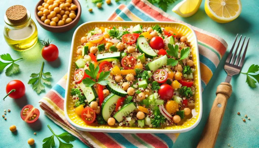 A vibrant rectangular plate filled with a refreshing quinoa salad for kids, showcasing fluffy quinoa, chickpeas, diced cucumbers, cherry tomatoes, bell peppers, and fresh parsley, topped with a light lemon dressing.