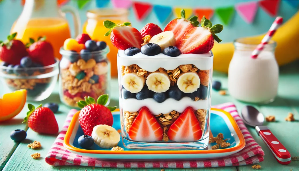 A vibrant rectangular plate filled with yogurt parfaits for kids, showcasing layers of creamy Greek yogurt, colorful granola, and a variety of fresh fruits such as strawberries, blueberries, and sliced bananas, presented in clear glasses.