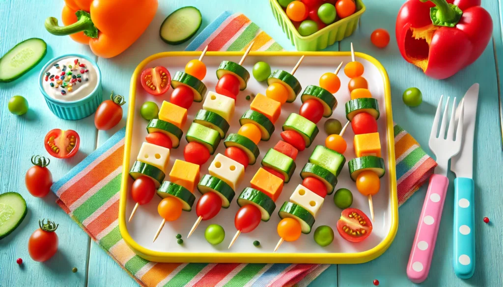 A vibrant rectangular plate filled with cheese and veggie skewers for kids, featuring colorful skewers made of cubed cheese, cherry tomatoes, cucumber slices, and bell pepper chunks, arranged invitingly.