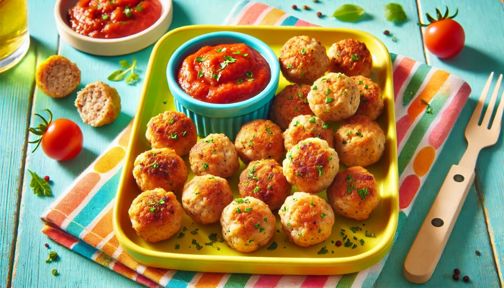 A vibrant rectangular plate filled with mini turkey meatballs for kids, showcasing golden-brown, bite-sized meatballs garnished with fresh herbs, accompanied by a small bowl of marinara sauce for dipping.