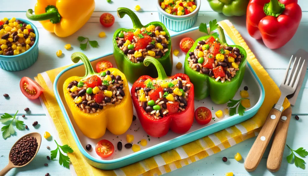 A vibrant rectangular plate filled with stuffed bell peppers for kids, showcasing colorful bell peppers (red, yellow, and green) filled with brown rice, black beans, corn, diced tomatoes, and cheese, garnished with fresh herbs.